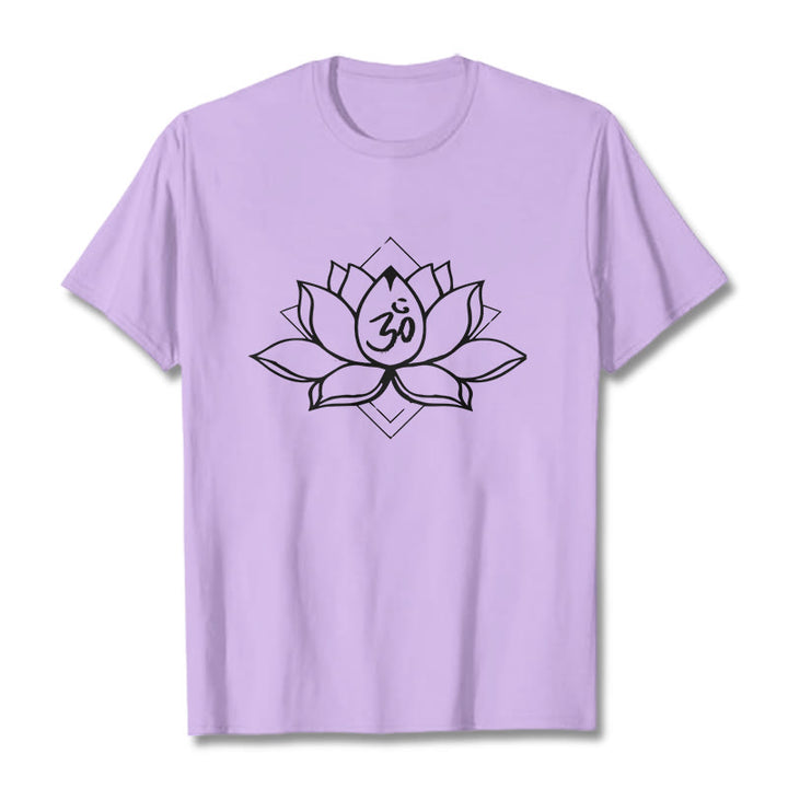 Buddha Stonesと蓮の花、オームサンスクリット柄コットンTシャツ - 梅 - 2XL - image 17