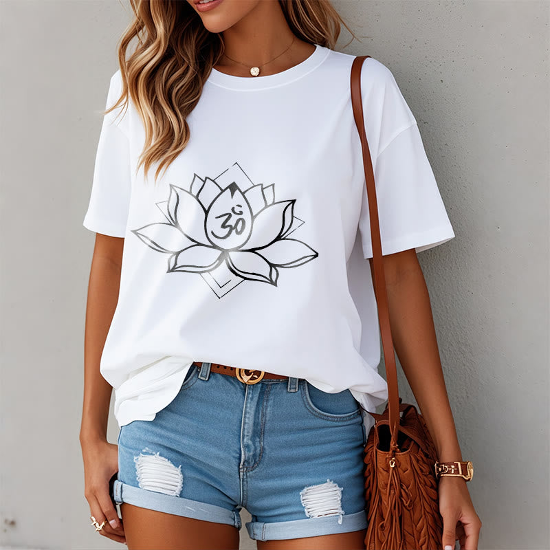 Buddha Stonesと蓮の花、オームサンスクリット柄コットンTシャツ - image 8