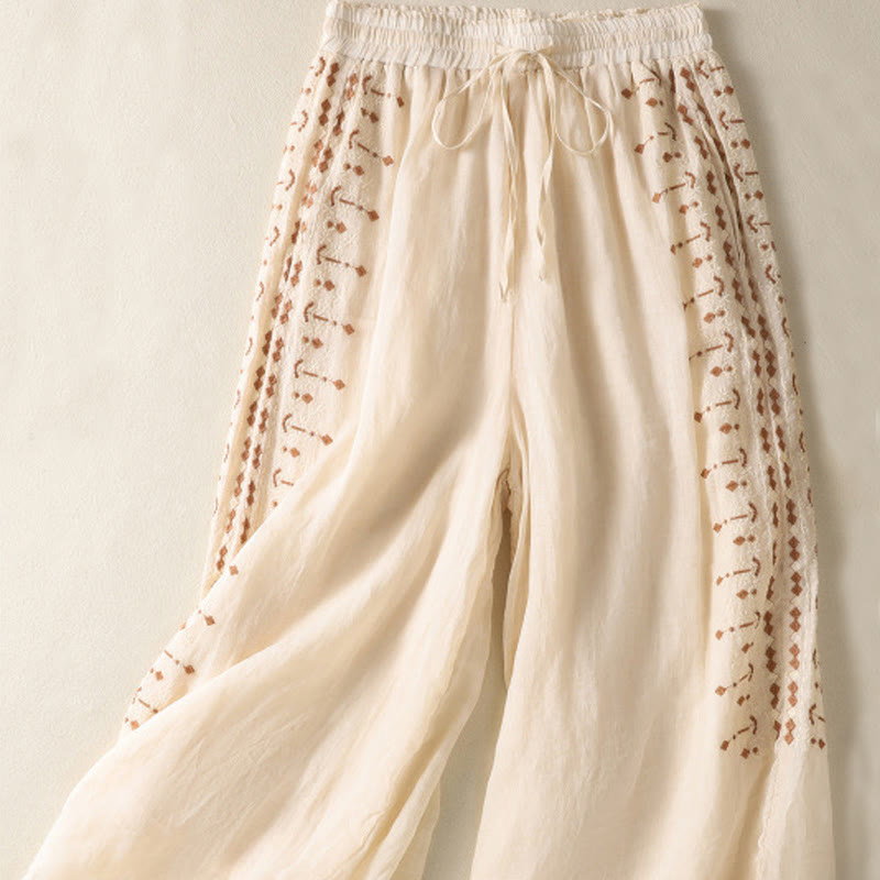 Buddha Stonesエスニック刺繍ドローストリングコットンリネンレディースハイウエストワイドレッグパンツポケット付き - image 1