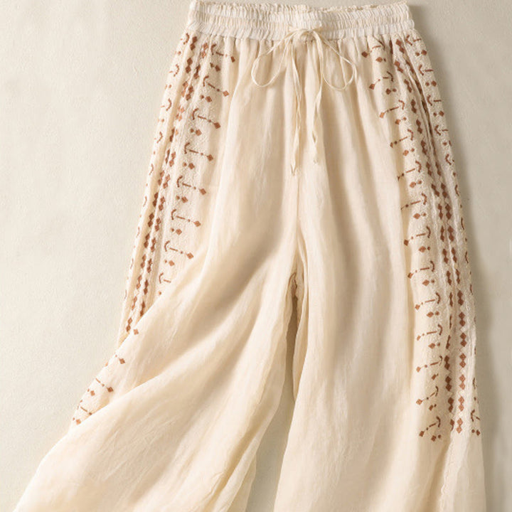 Buddha Stonesエスニック刺繍ドローストリングコットンリネンレディースハイウエストワイドレッグパンツポケット付き - image 1