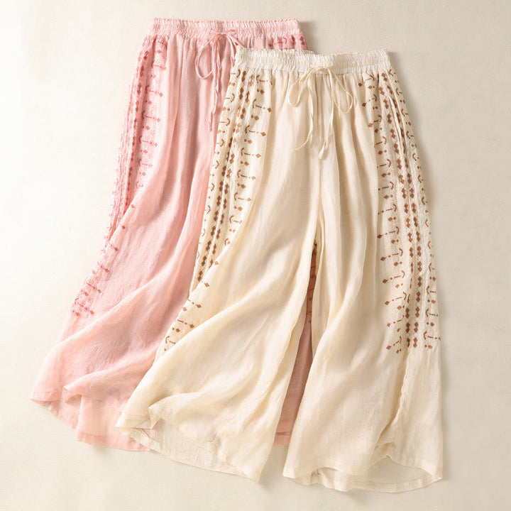 Buddha Stonesエスニック刺繍ドローストリングコットンリネンレディースハイウエストワイドレッグパンツポケット付き - image 14