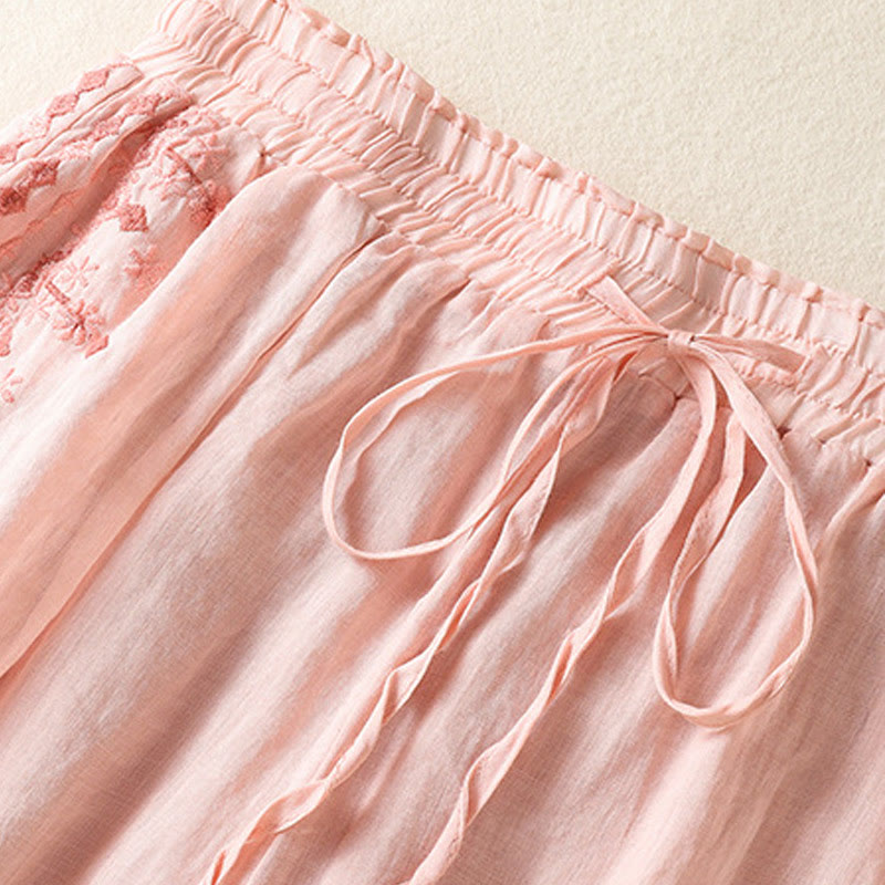 Buddha Stonesエスニック刺繍ドローストリングコットンリネンレディースハイウエストワイドレッグパンツポケット付き - image 8