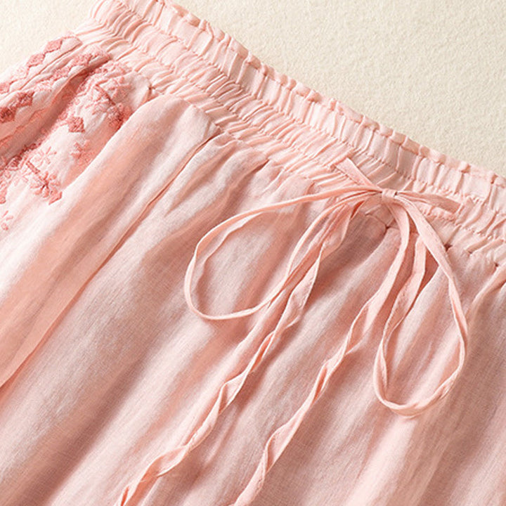 Buddha Stonesエスニック刺繍ドローストリングコットンリネンレディースハイウエストワイドレッグパンツポケット付き - image 8