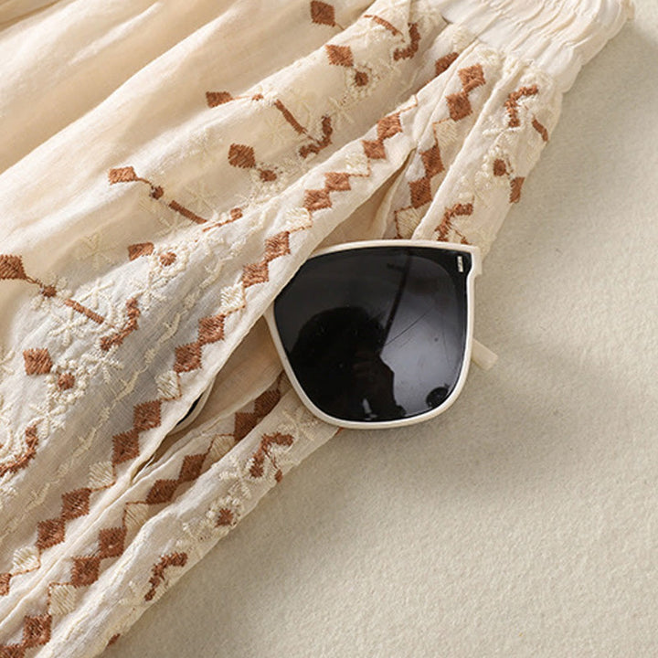 Buddha Stonesエスニック刺繍ドローストリングコットンリネンレディースハイウエストワイドレッグパンツポケット付き - image 4