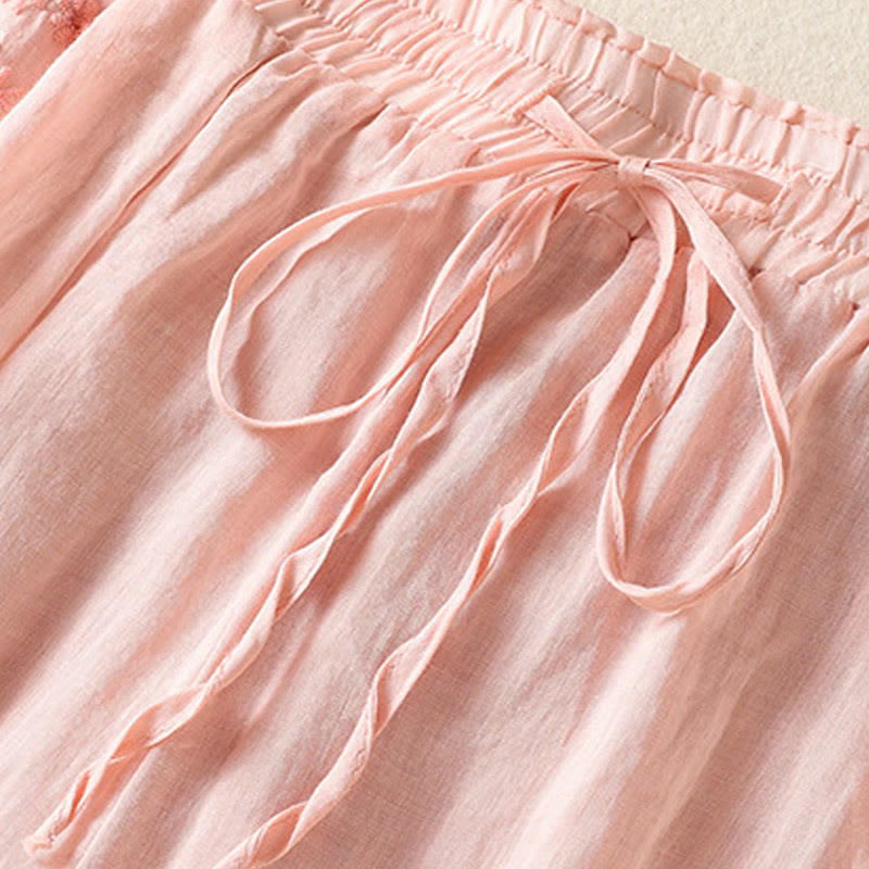 Buddha Stonesエスニック刺繍ドローストリングコットンリネンレディースハイウエストワイドレッグパンツポケット付き - image 10