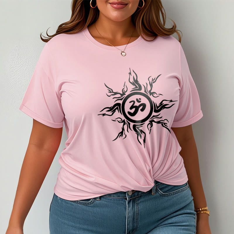 オームシンボルを囲むBuddha Stonesのサンバースト模様のコットンTシャツ - image 13