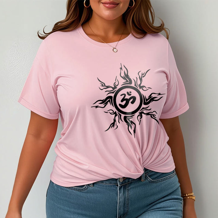 オームシンボルを囲むBuddha Stonesのサンバースト模様のコットンTシャツ - image 13