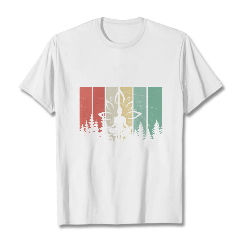 Buddha Stones蓮華座で瞑想する仏像 影模様 コットンTシャツ - 白 - 2XL - image 5
