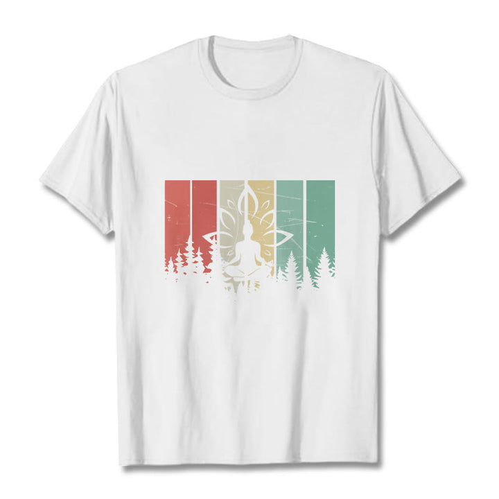 Buddha Stones蓮華座で瞑想する仏像 影模様 コットンTシャツ - 白 - 2XL - image 5