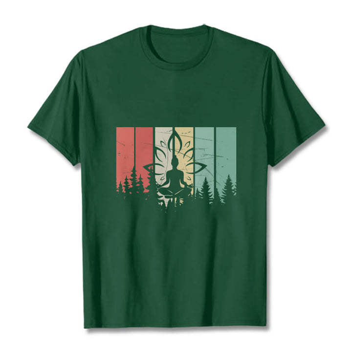 Buddha Stones蓮華座で瞑想する仏像 影模様 コットンTシャツ - フォレストグリーン - 2XL - image 10