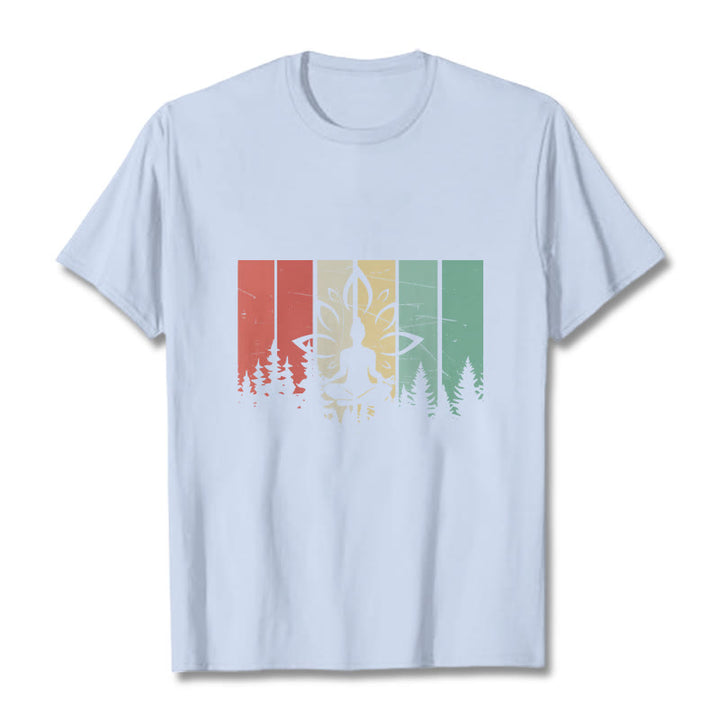 Buddha Stones蓮華座で瞑想する仏像 影模様 コットンTシャツ - ライトシアン - 2XL - image 18
