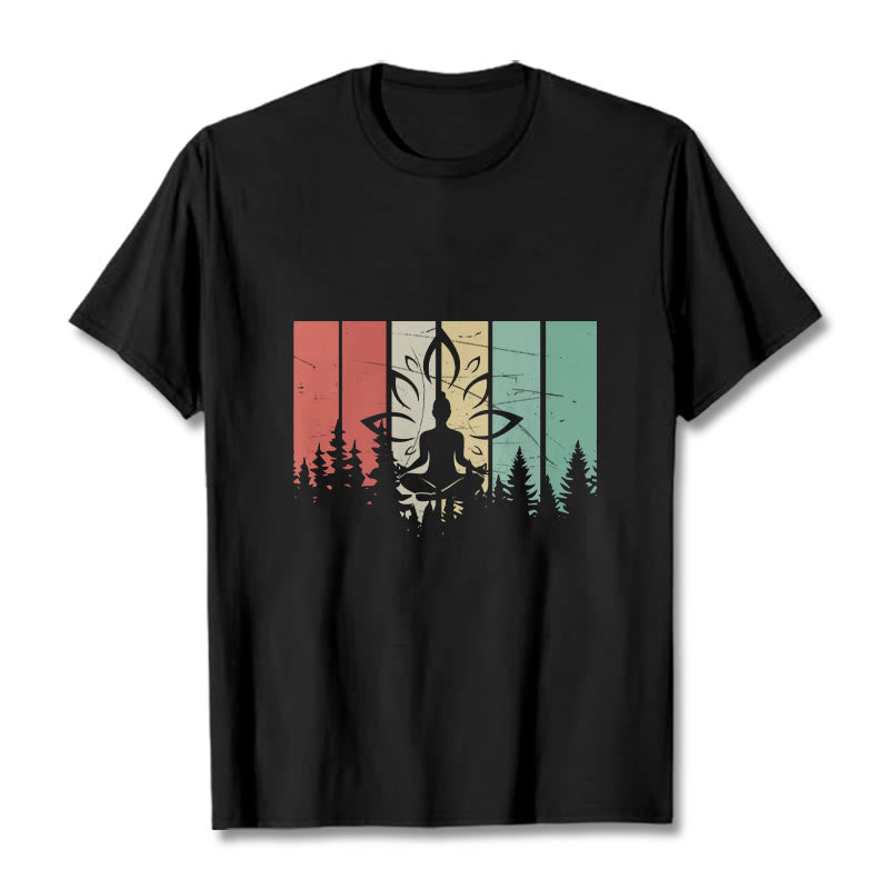 Buddha Stones蓮華座で瞑想する仏像 影模様 コットンTシャツ - 黒 - 2XL - image 0