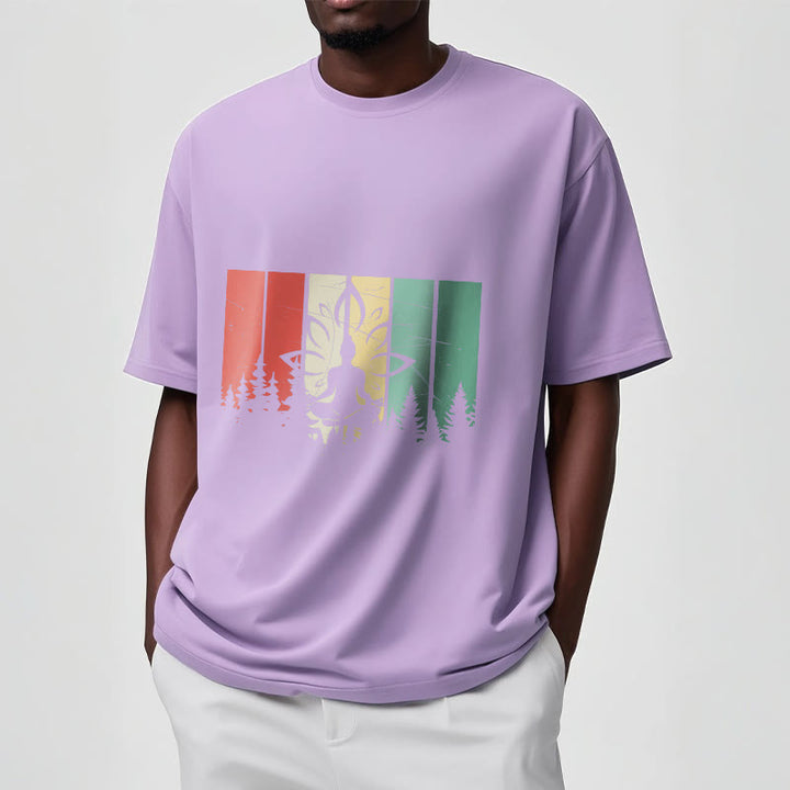 Buddha Stones蓮華座で瞑想する仏像 影模様 コットンTシャツ - image 17