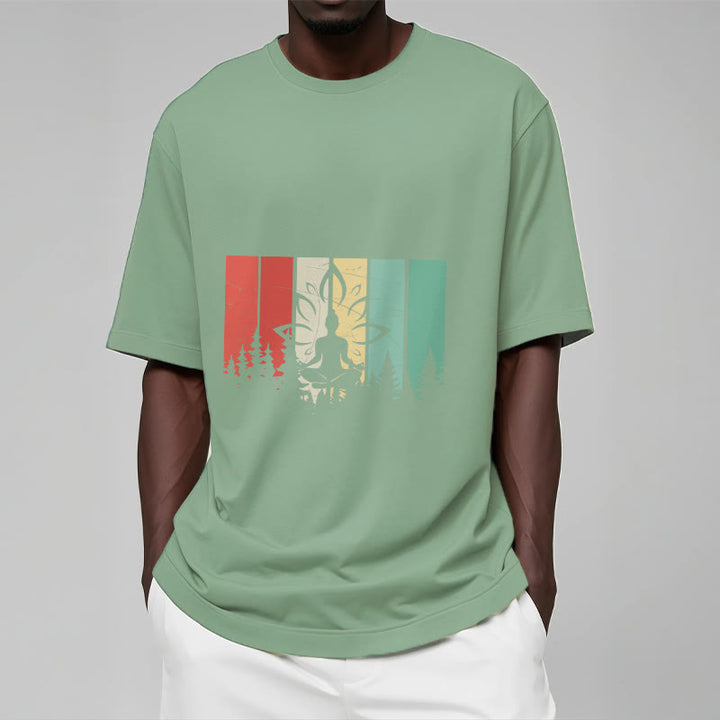 Buddha Stones蓮華座で瞑想する仏像 影模様 コットンTシャツ - image 15