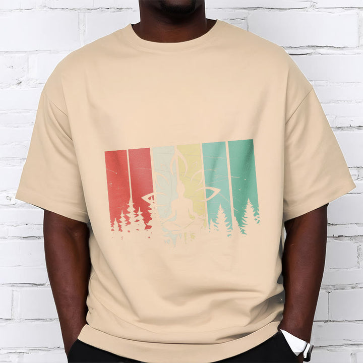 Buddha Stones蓮華座で瞑想する仏像 影模様 コットンTシャツ - image 9