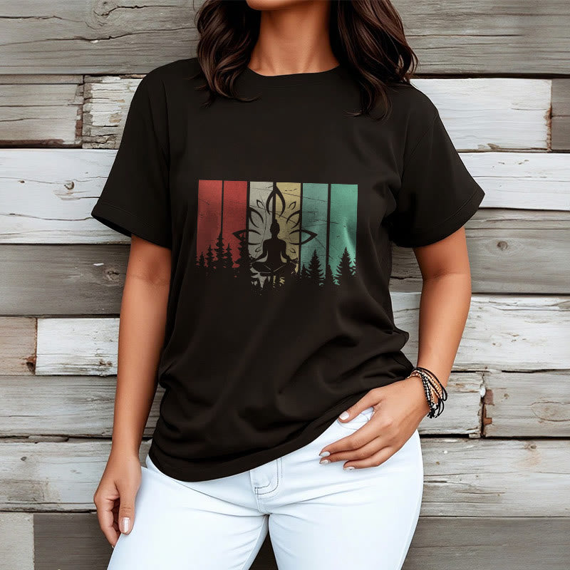 Buddha Stones蓮華座で瞑想する仏像 影模様 コットンTシャツ - image 3