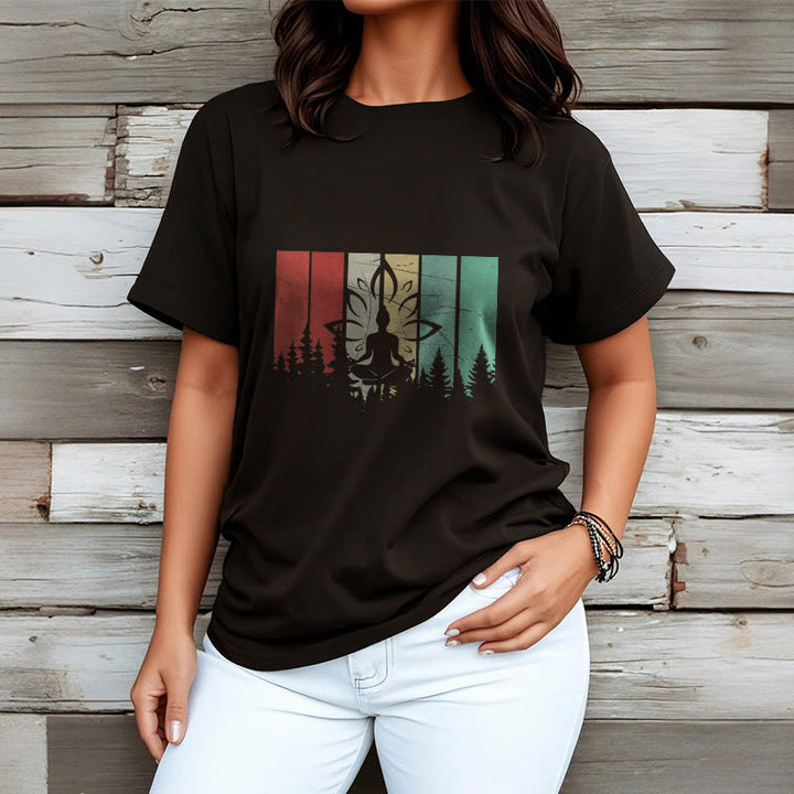 Buddha Stones蓮華座で瞑想する仏像 影模様 コットンTシャツ - image 3