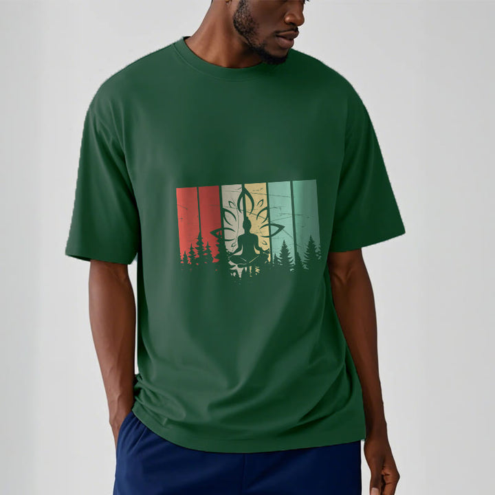 Buddha Stones蓮華座で瞑想する仏像 影模様 コットンTシャツ - image 11