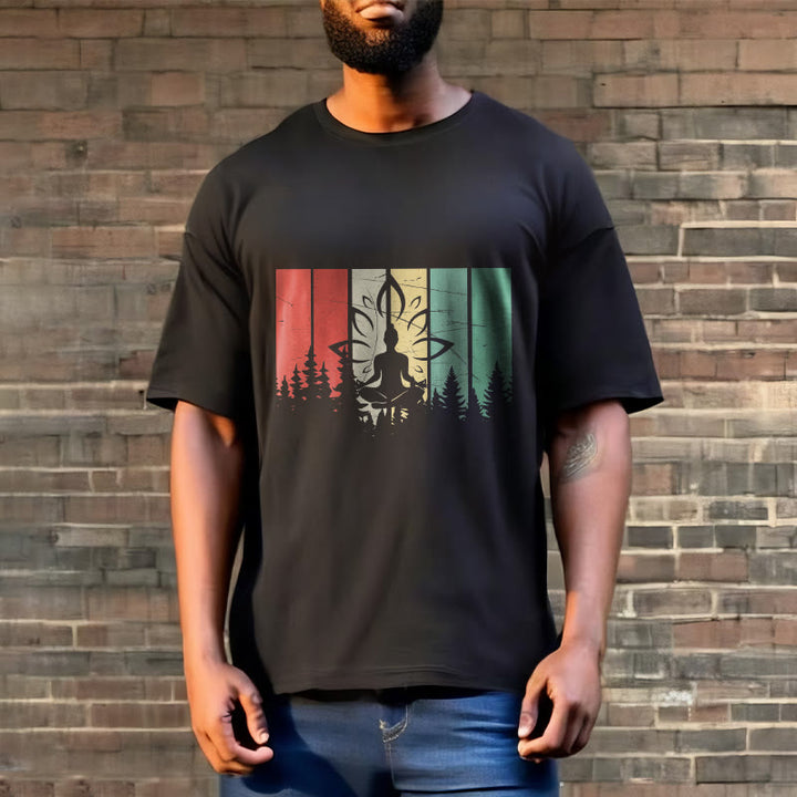 Buddha Stones蓮華座で瞑想する仏像 影模様 コットンTシャツ - image 4