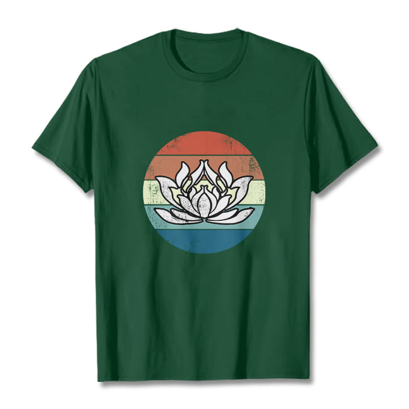 Buddha Stonesと蓮の花のカラフルなストライプ柄コットンTシャツ - フォレストグリーン - 2XL - image 10