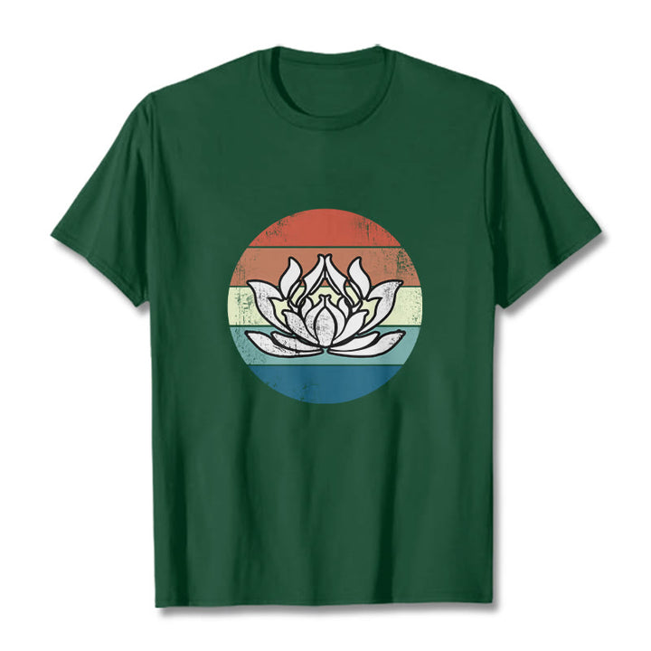 Buddha Stonesと蓮の花のカラフルなストライプ柄コットンTシャツ - フォレストグリーン - 2XL - image 10