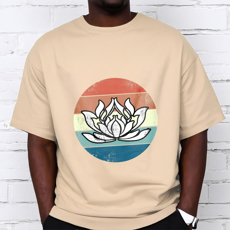 Buddha Stonesと蓮の花のカラフルなストライプ柄コットンTシャツ - image 9