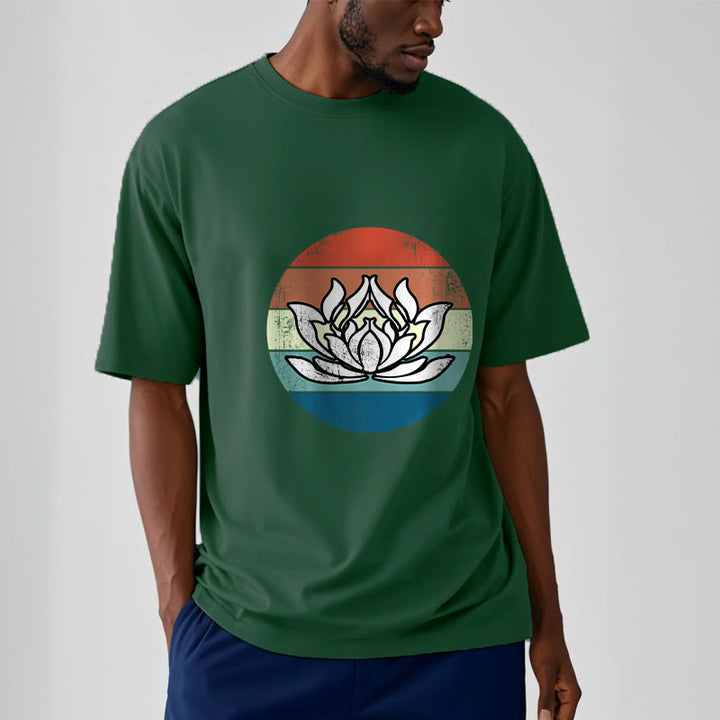 Buddha Stonesと蓮の花のカラフルなストライプ柄コットンTシャツ - image 12