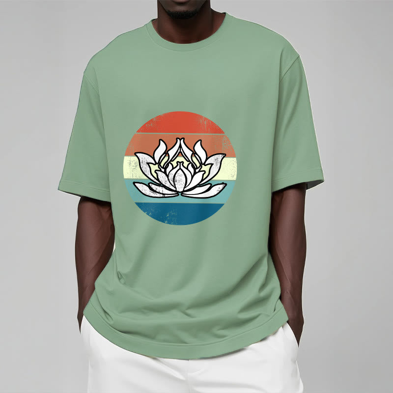 Buddha Stonesと蓮の花のカラフルなストライプ柄コットンTシャツ - image 16
