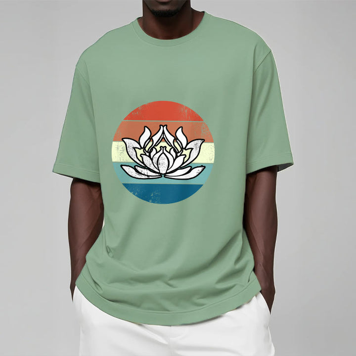 Buddha Stonesと蓮の花のカラフルなストライプ柄コットンTシャツ - image 16