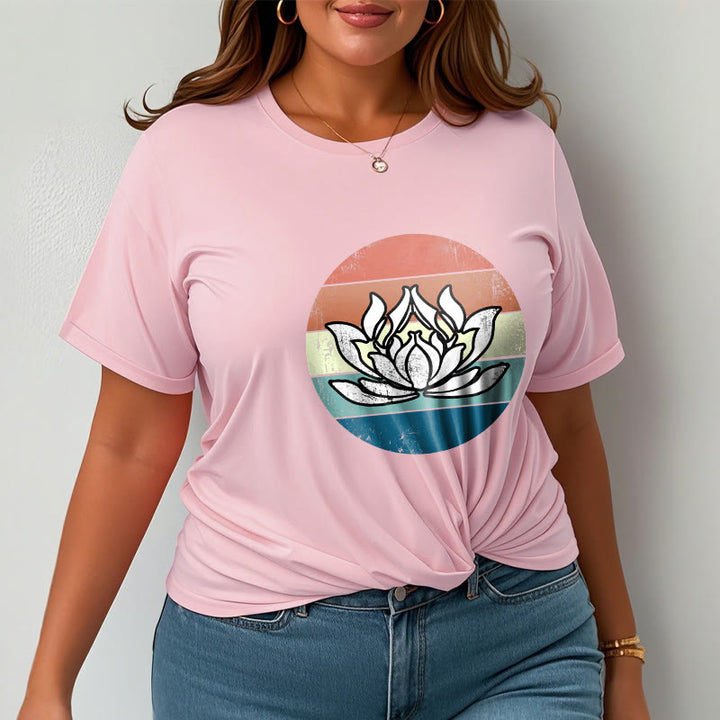 Buddha Stonesと蓮の花のカラフルなストライプ柄コットンTシャツ - image 13