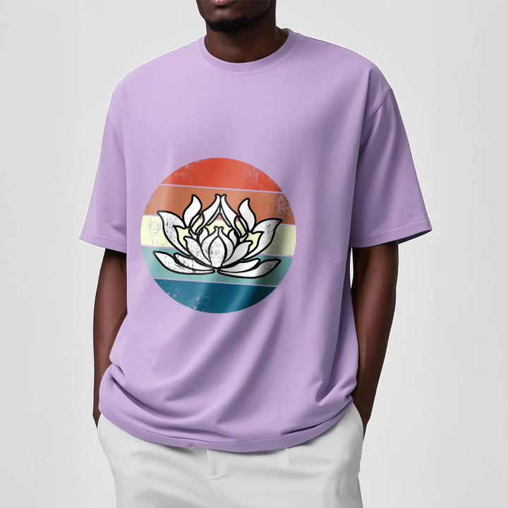 Buddha Stonesと蓮の花のカラフルなストライプ柄コットンTシャツ - image 17