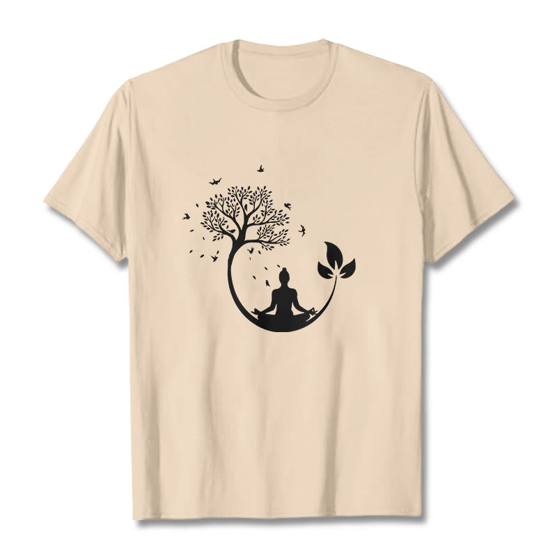 Buddha Stones、木の中で瞑想する仏陀の模様のコットンTシャツ - ビスク - 2XL - image 9