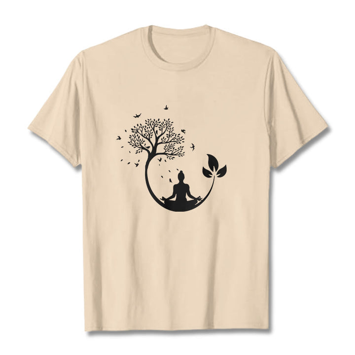 Buddha Stones、木の中で瞑想する仏陀の模様のコットンTシャツ - ビスク - 2XL - image 9