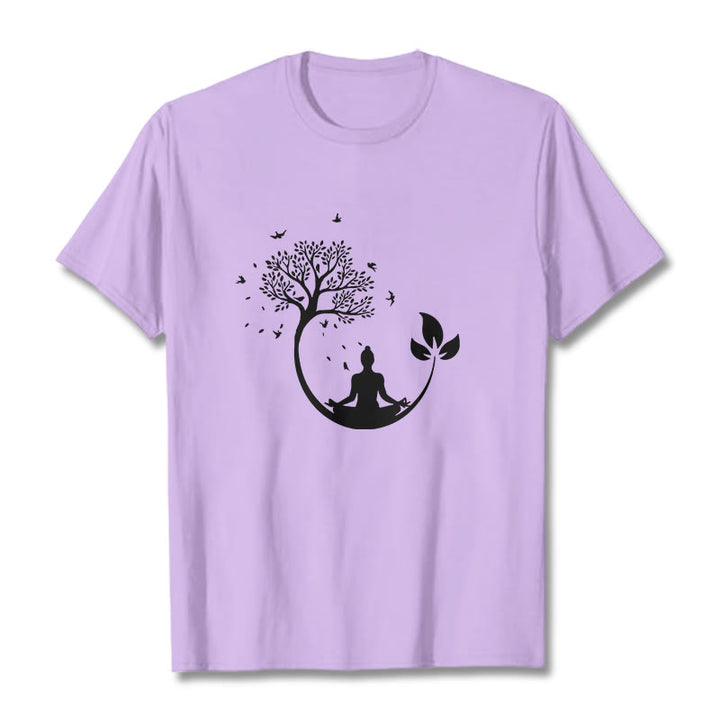 Buddha Stones、木の中で瞑想する仏陀の模様のコットンTシャツ - 梅 - 2XL - image 16