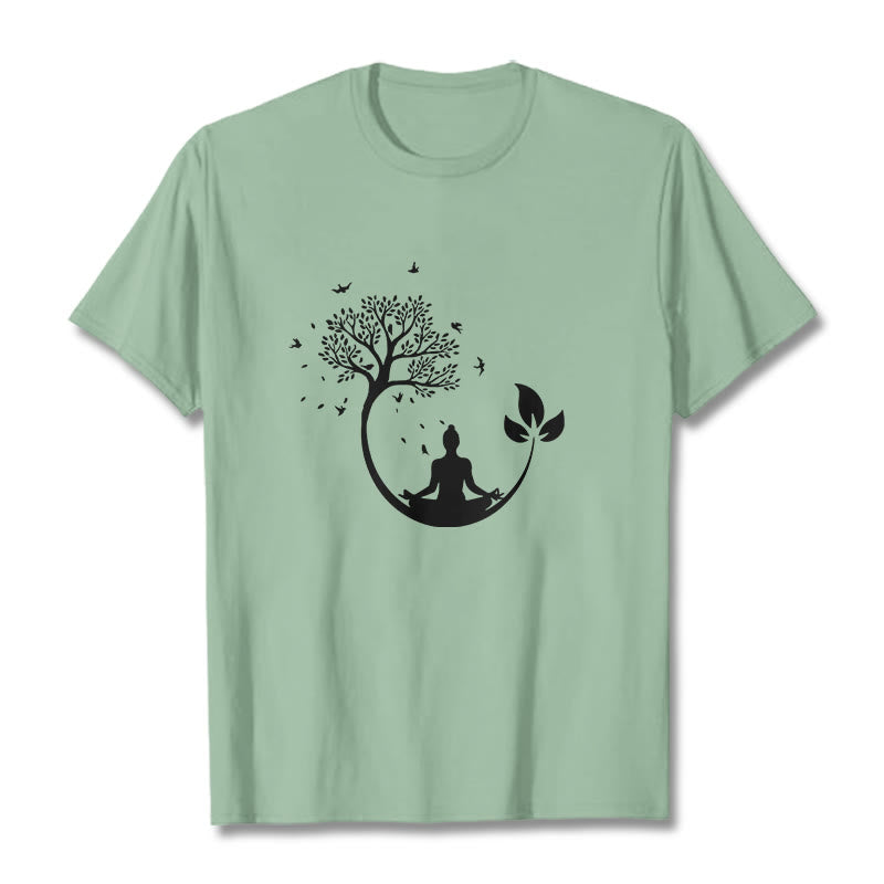 Buddha Stones、木の中で瞑想する仏陀の模様のコットンTシャツ - 淡い緑色 - 2XL - image 14