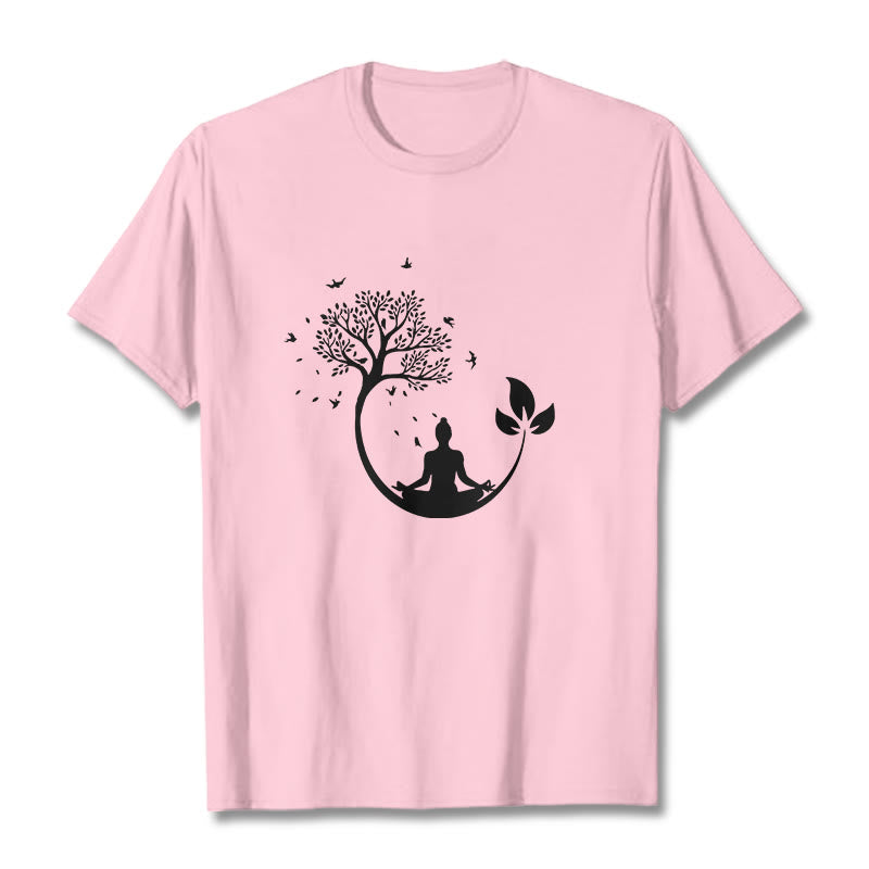 Buddha Stones、木の中で瞑想する仏陀の模様のコットンTシャツ - ライトピンク - 2XL - image 13