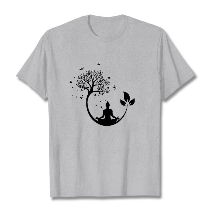Buddha Stones、木の中で瞑想する仏陀の模様のコットンTシャツ - ライトグレー - 2XL - image 19