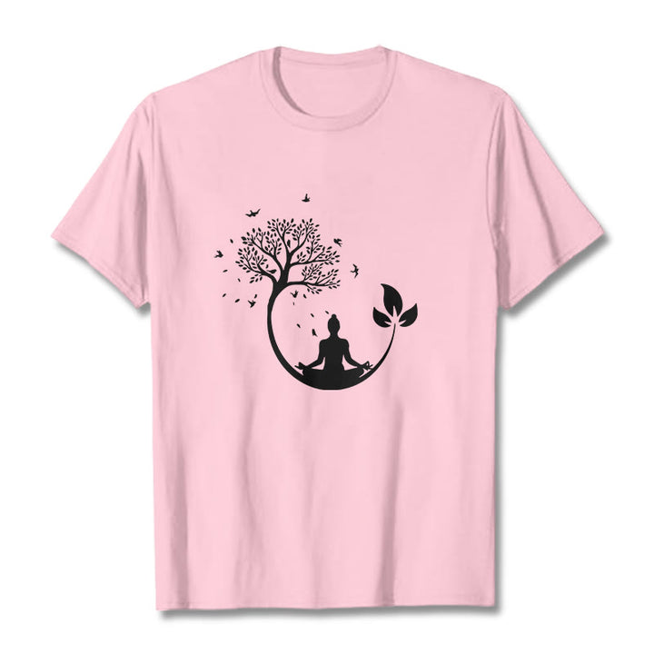 Buddha Stones、木の中で瞑想する仏陀の模様のコットンTシャツ - ライトピンク - 2XL - image 12