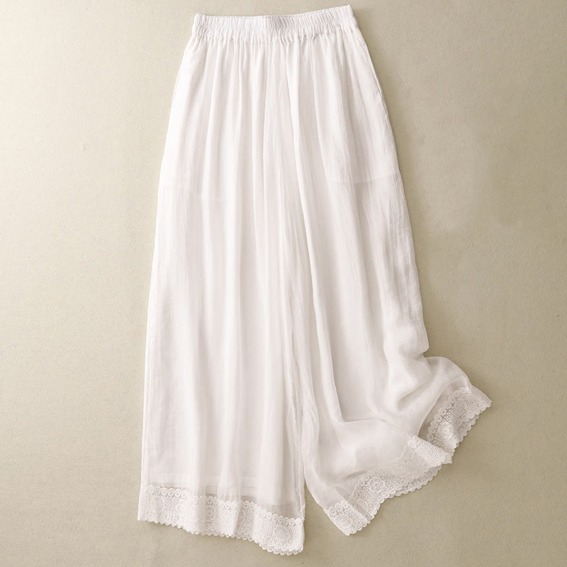 Buddha Stones春 ヴィンテージ カジュアル 無地 レース パッチワーク カフ レディース コットン リネン ワイドレッグ パンツ ポケット付き - 白 - US8-10，UK/AU12-14，EU40-42 (2XL) - image 4