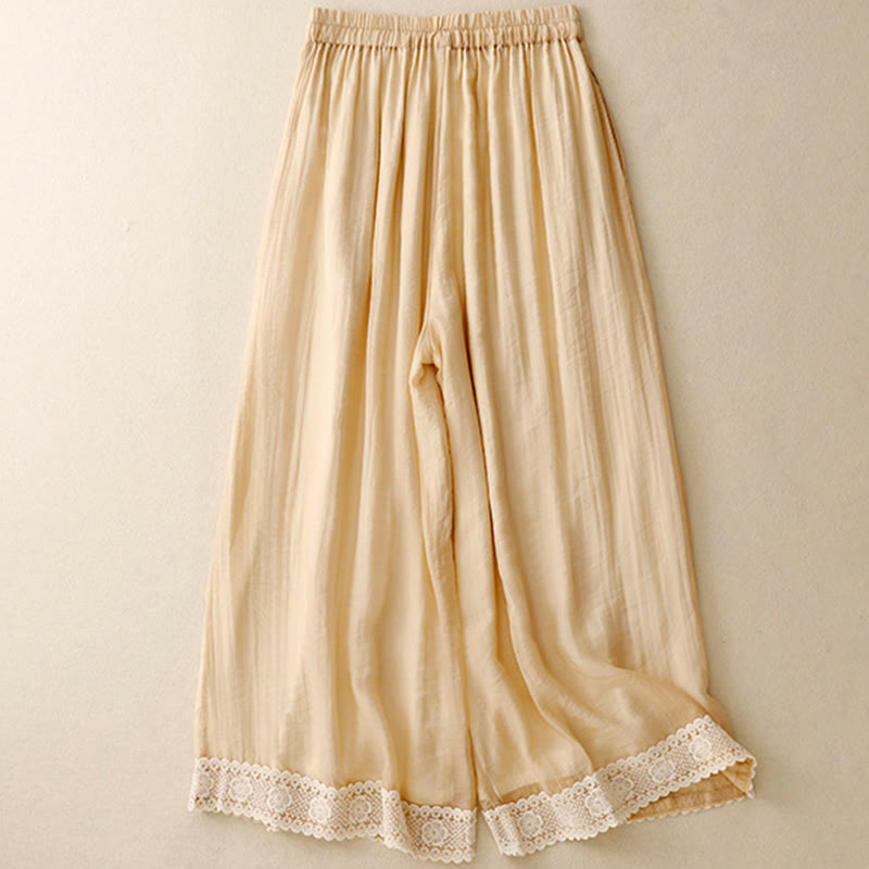 Buddha Stones春 ヴィンテージ カジュアル 無地 レース パッチワーク カフ レディース コットン リネン ワイドレッグ パンツ ポケット付き - image 10