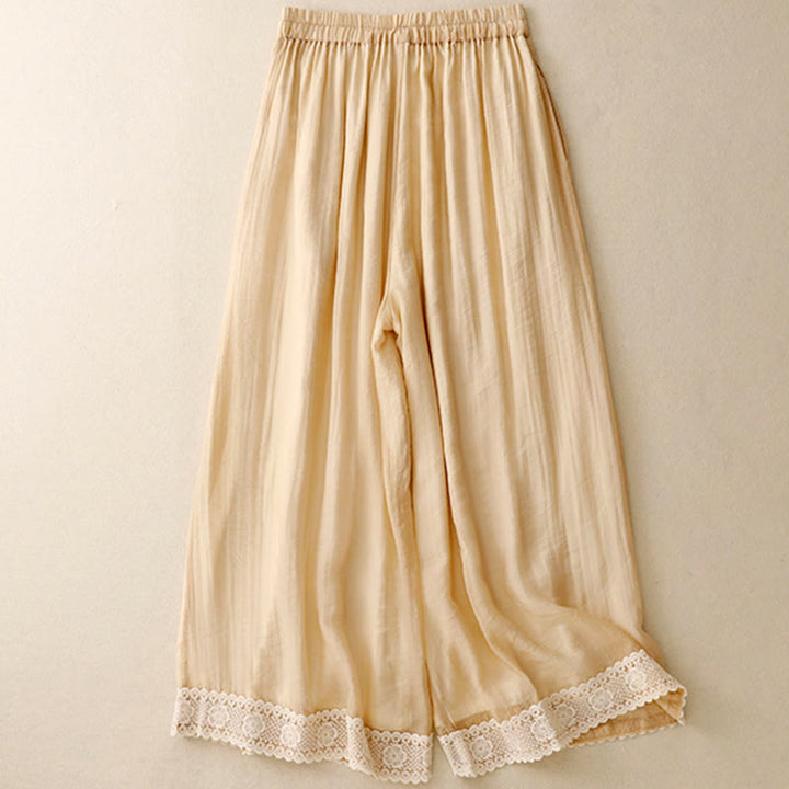 Buddha Stones春 ヴィンテージ カジュアル 無地 レース パッチワーク カフ レディース コットン リネン ワイドレッグ パンツ ポケット付き - image 10