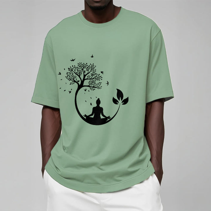 Buddha Stones、木の中で瞑想する仏陀の模様のコットンTシャツ - image 15