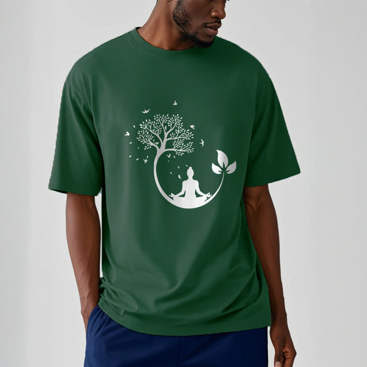 Buddha Stones、木の中で瞑想する仏陀の模様のコットンTシャツ - image 11
