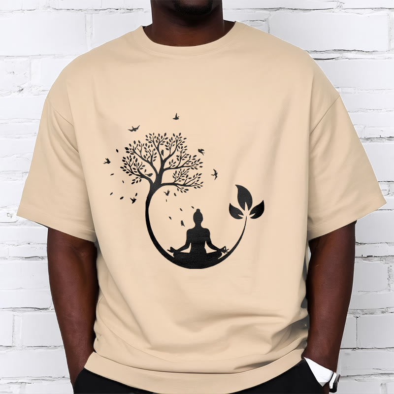 Buddha Stones、木の中で瞑想する仏陀の模様のコットンTシャツ - image 9