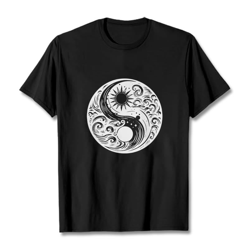 Buddha Stones、太陽、月、波、陰陽柄コットンTシャツ - 黒 - 2XL - image 5