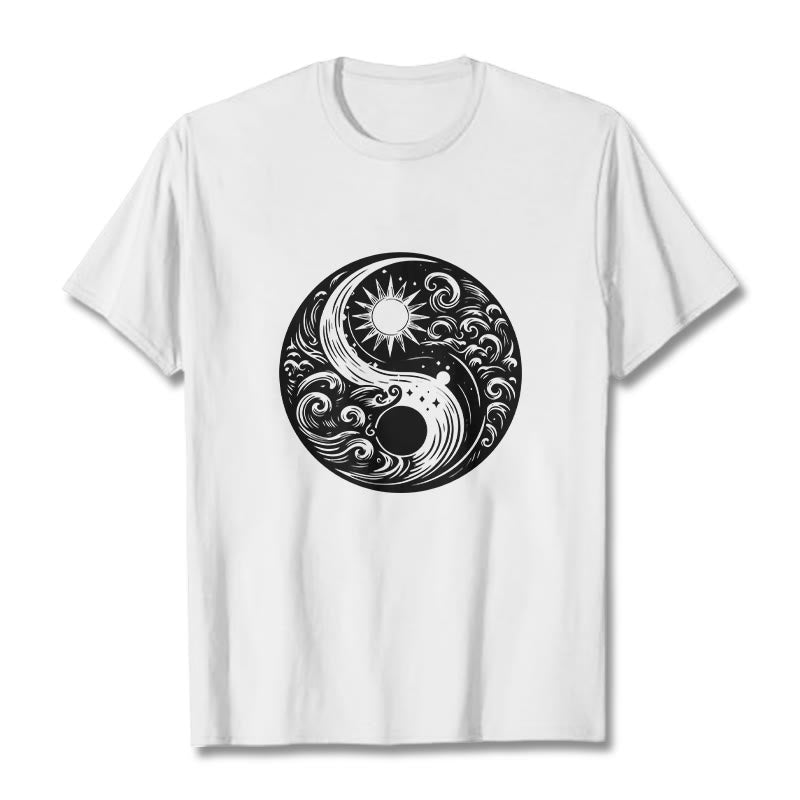 Buddha Stones、太陽、月、波、陰陽柄コットンTシャツ - 白 - 2XL - image 1