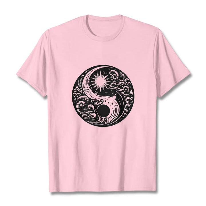 Buddha Stones、太陽、月、波、陰陽柄コットンTシャツ - ライトピンク - 2XL - image 12