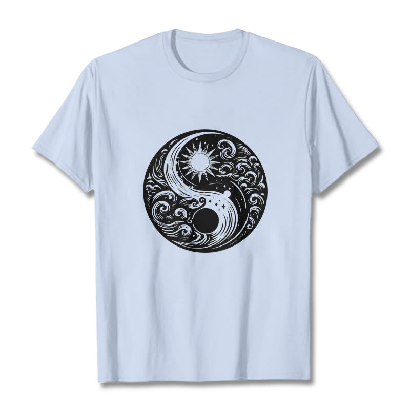 Buddha Stones、太陽、月、波、陰陽柄コットンTシャツ - ライトシアン - 2XL - image 19