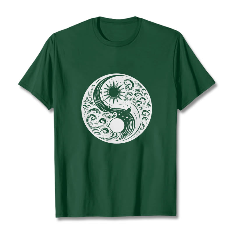 Buddha Stones、太陽、月、波、陰陽柄コットンTシャツ - フォレストグリーン - 2XL - image 10