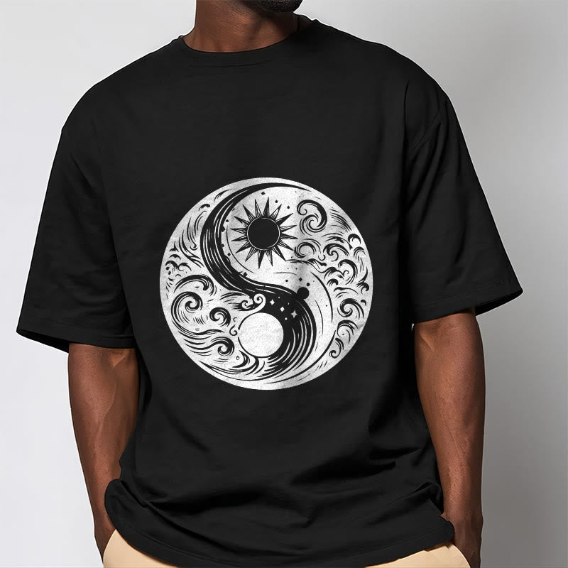 Buddha Stones、太陽、月、波、陰陽柄コットンTシャツ - image 6